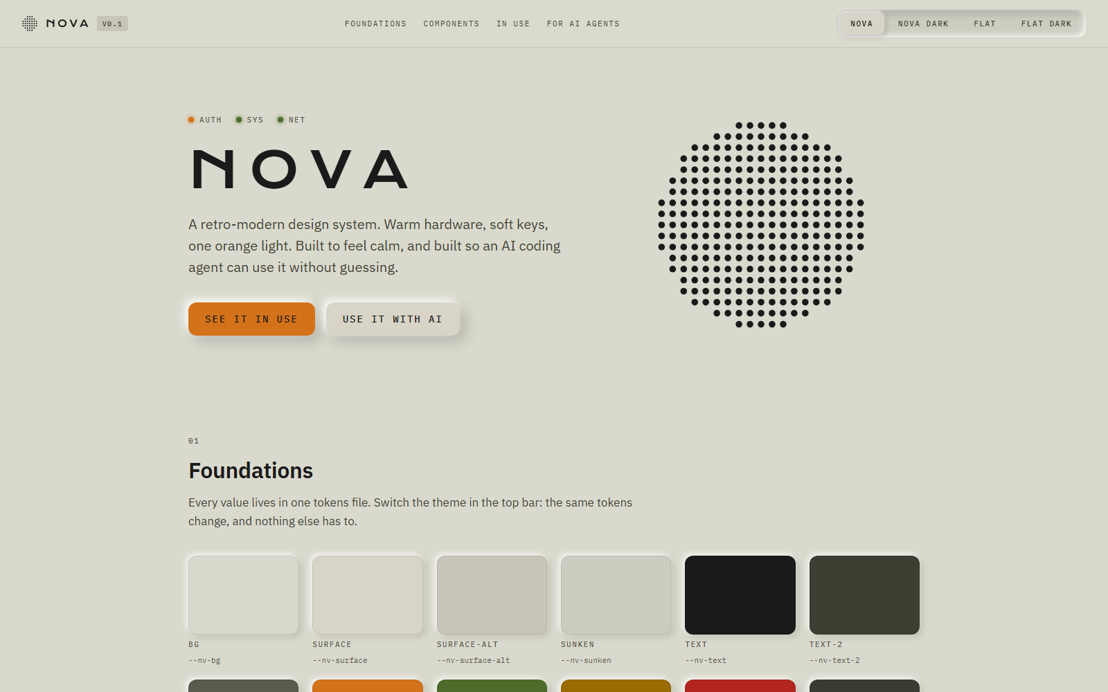 The Nova docs page: the NOVA wordmark, a speaker-grill dot pattern, and a theme switcher for Nova, Nova Dark, Flat and Flat Dark.