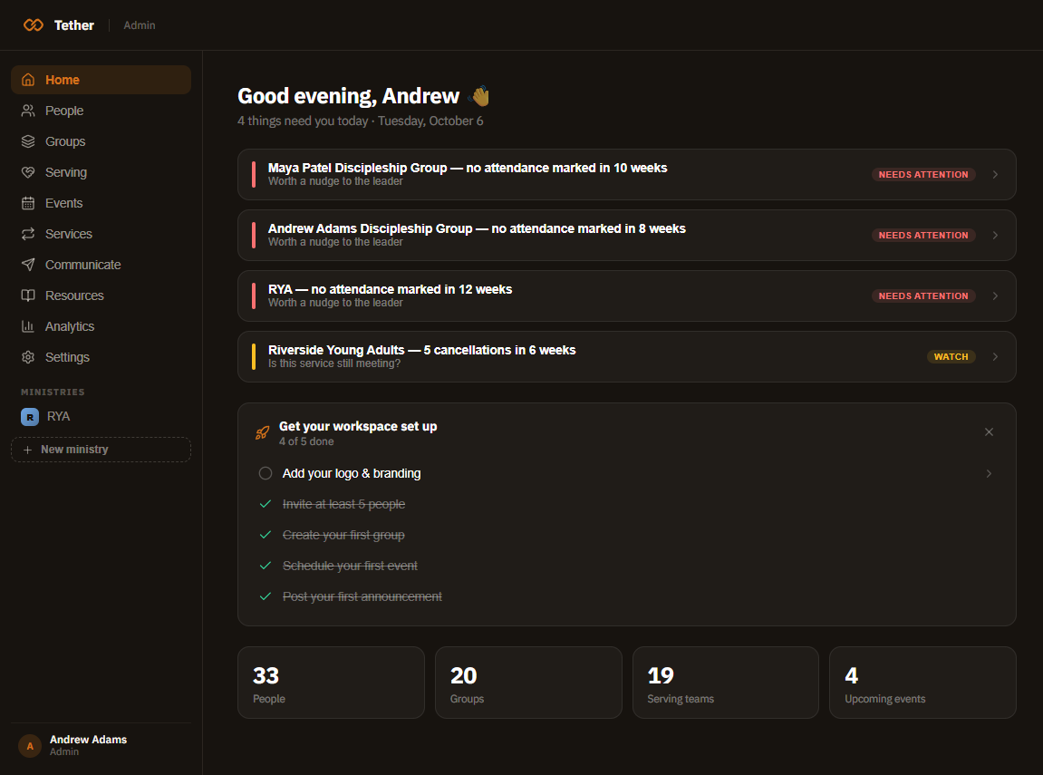 The Tether staff console home: items that need attention, a setup checklist, and counts of people, groups and events.