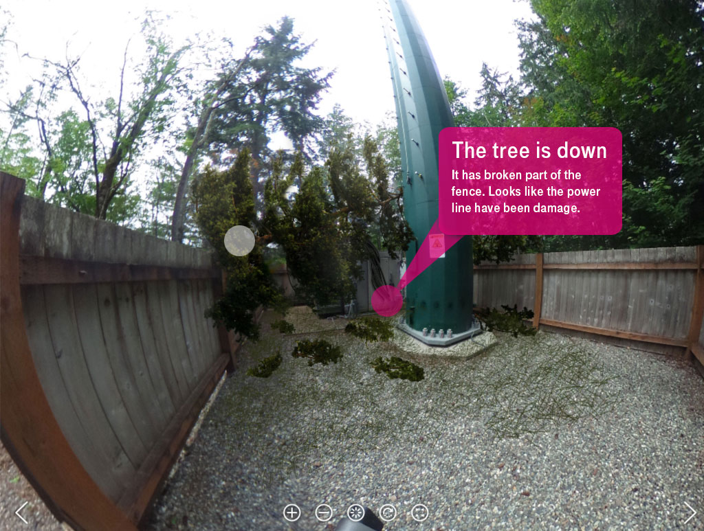A VR training scene: a fallen tree against a cell tower, with a callout naming the damage.